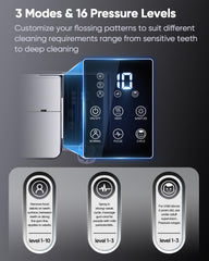 Three flossing modes: child, normal, and pulse with different pressure levels