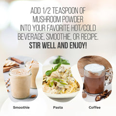 Usage ideas showing smoothie, coffee, tea with mushroom powder