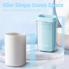 Blue container holding toothpaste and toiletries