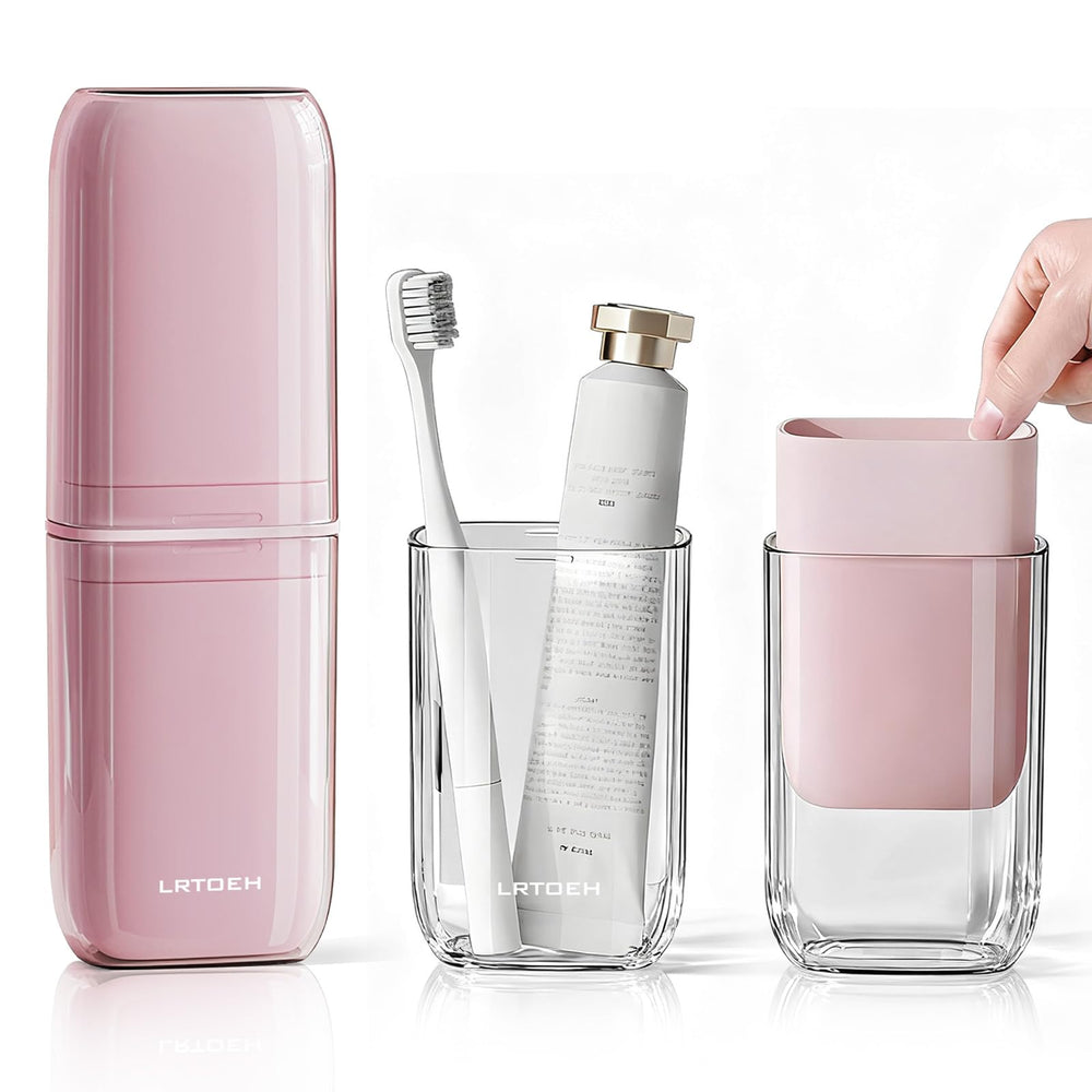 LRTOEH 4-in-1 toothbrush travel cup case in pink, compact and portable