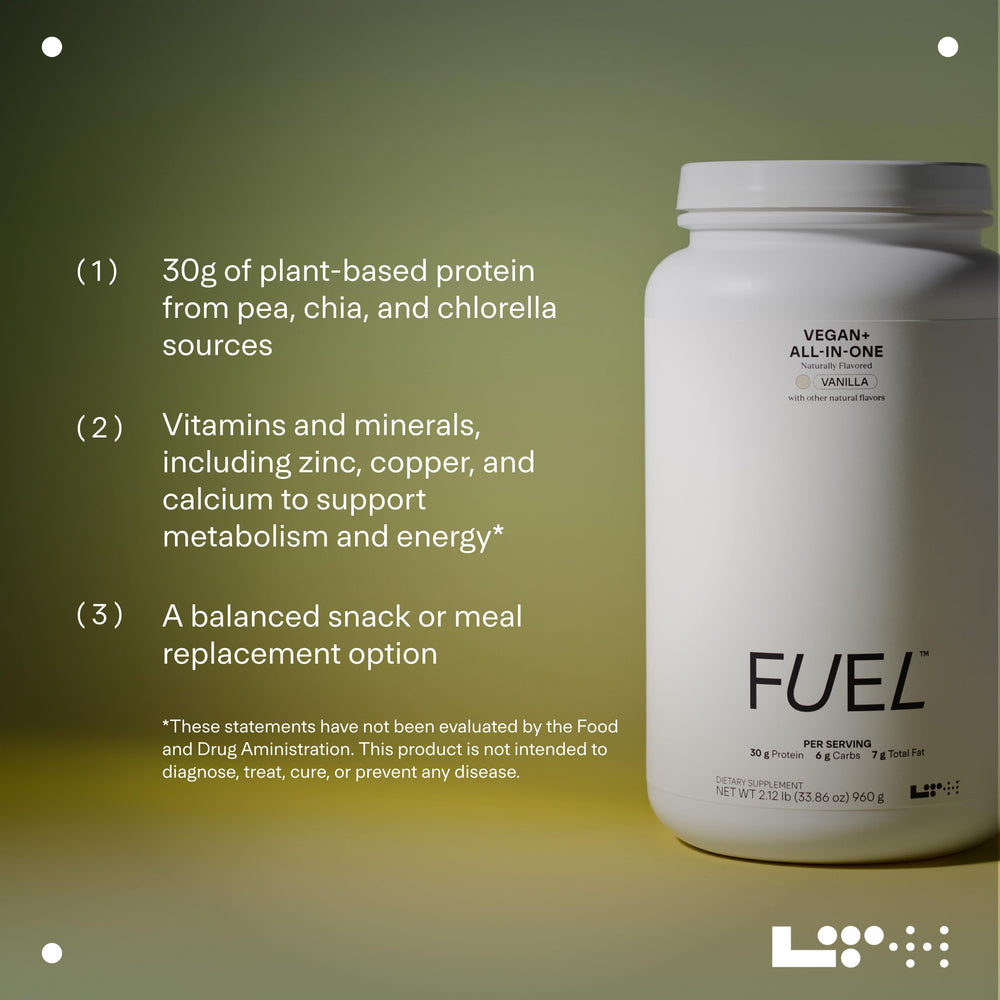 LTH Fuel Vegan All-in-One vanilla nutrition panel spotlights zinc and calcium