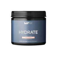 LTH Hydrate peach mango tub label highlights gluten-free, dairy-free electrolyte blend for daily hydration.