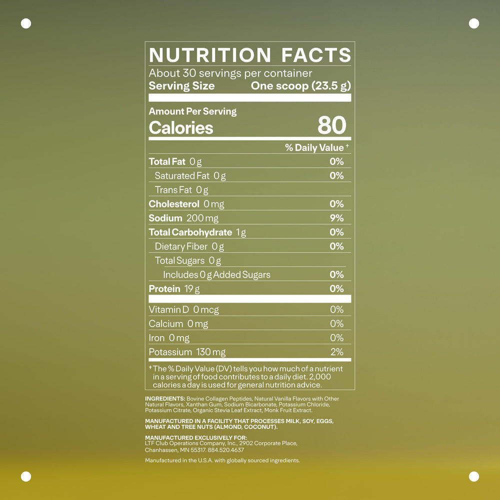 Vanilla collagen powder scoop on white background