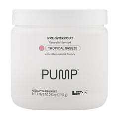 LTH Pump Pre-Workout Tropical Breeze powder in a container