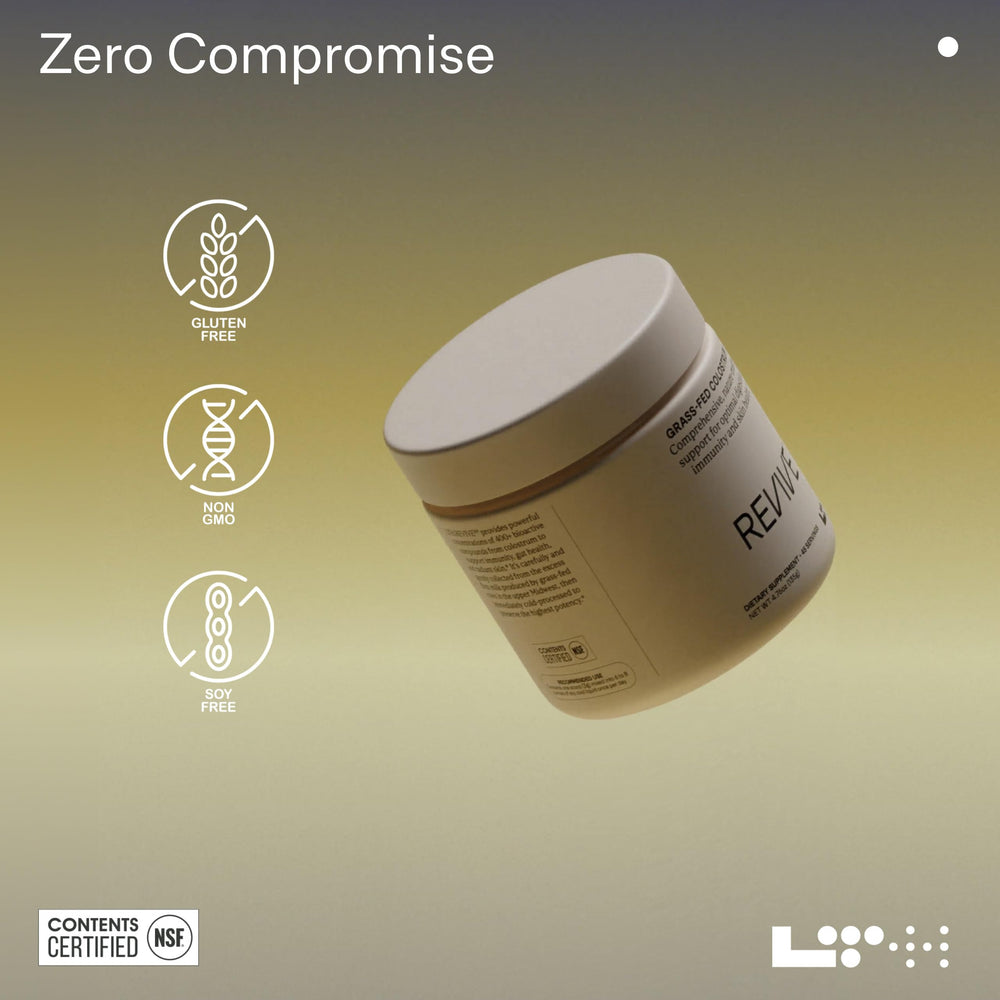 Close-up of LTH Revive Colostrum Powder jar