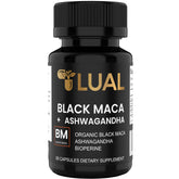 LUAL Black Maca Root capsules with Ashwagandha bottle label showing 30,000mg potency