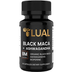 LUAL Black Maca Root capsules with Ashwagandha bottle label showing 30,000mg potency