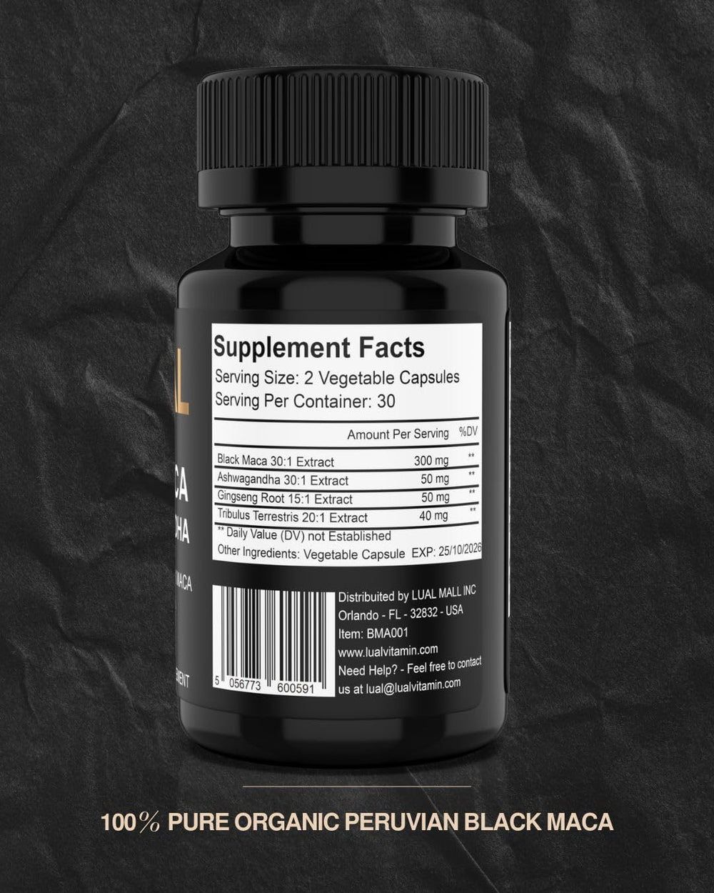 60-caplet bottle of LUAL Black Maca Root with Ashwagandha