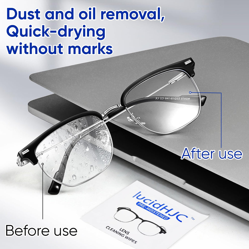 Eyeglasses lenses being cleaned with LucidHJC wipe