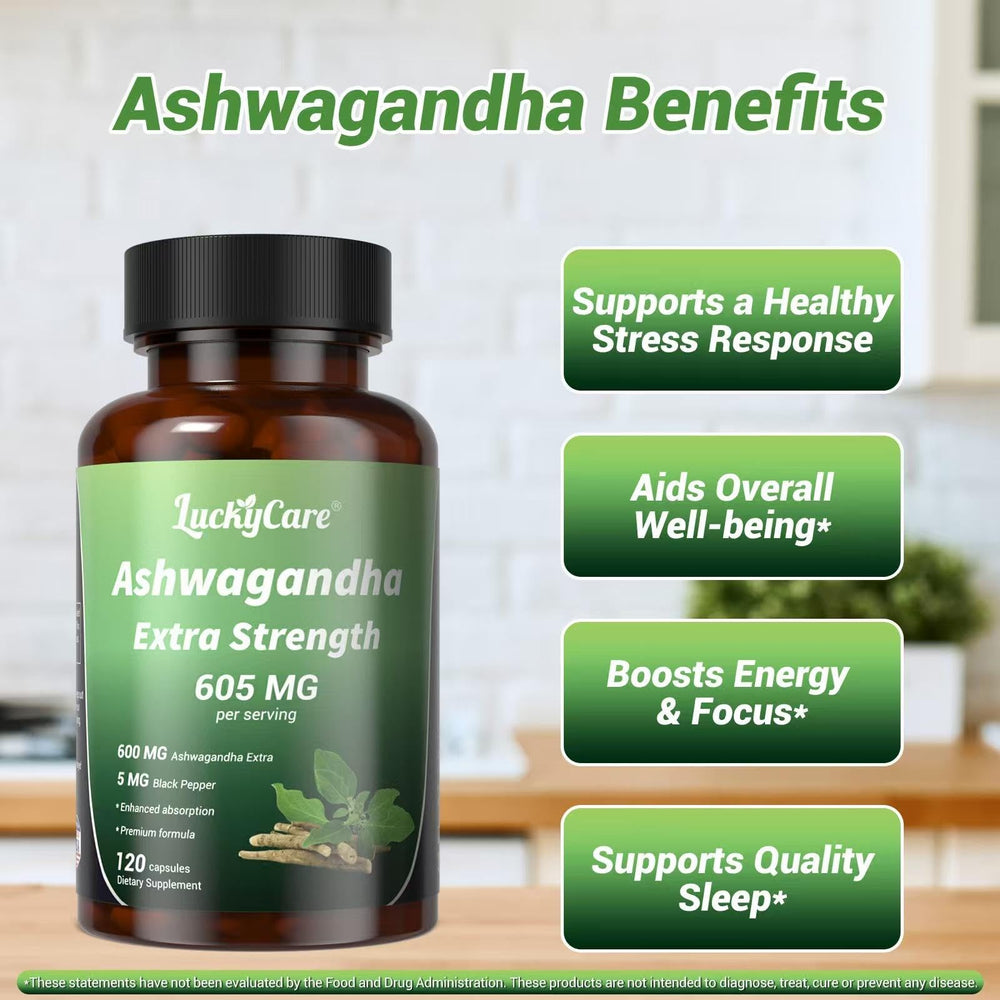 Side view of Luckycare Ashwagandha bottle with 120 capsules