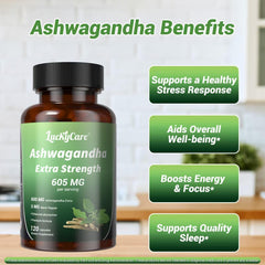 Side view of Luckycare Ashwagandha bottle with 120 capsules