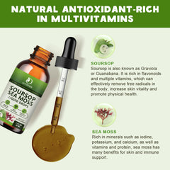 Close-up of dropper dispensing soursop and sea moss liquid drops