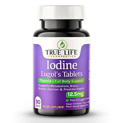 Front view of Lugol's iodine tablets bottle with 12.5 mg per tablet