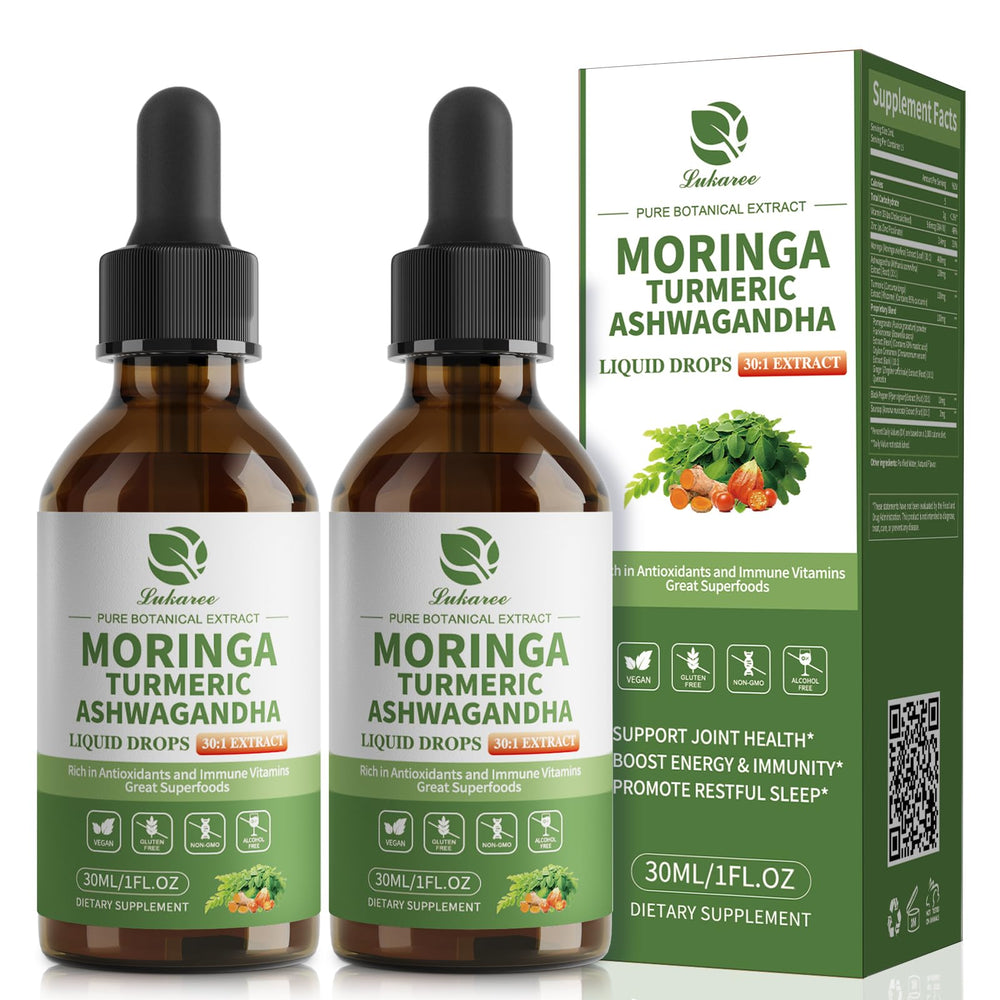 Lukaree 12-in-1 liposomal moringa drops with Ashwagandha and Turmeric for enhanced absorption.