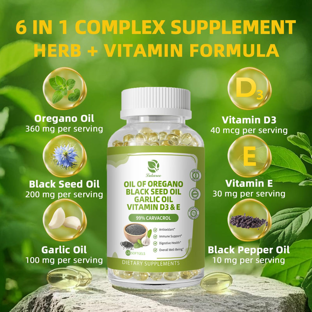 Close-up of Lukaree oregano oil softgel capsules