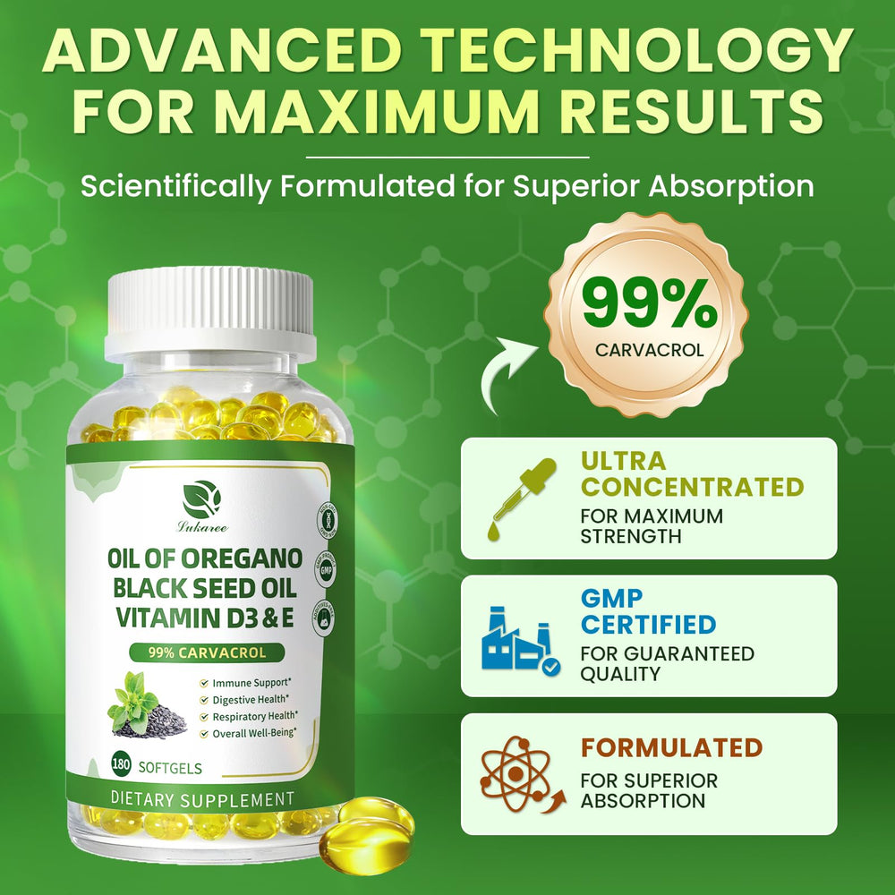 Label highlighting 99% carvacrol content on Lukaree oregano oil bottle