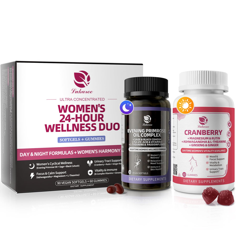 Lukaree Evening Primrose Oil & Cranberry Wellness Duo packaging showing gummies and softgels