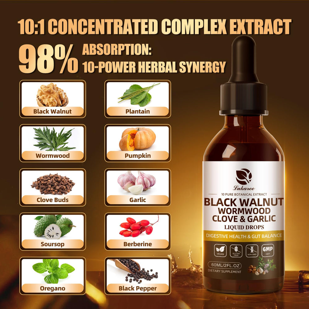 Ingredients panel showing black walnut, wormwood, oregano, garlic, berberine