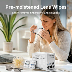 Pre-moistened lens cleaning wipe ready for use