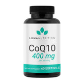 Front view of Luma Nutrition CoQ10 400mg softgels bottle, 60-count
