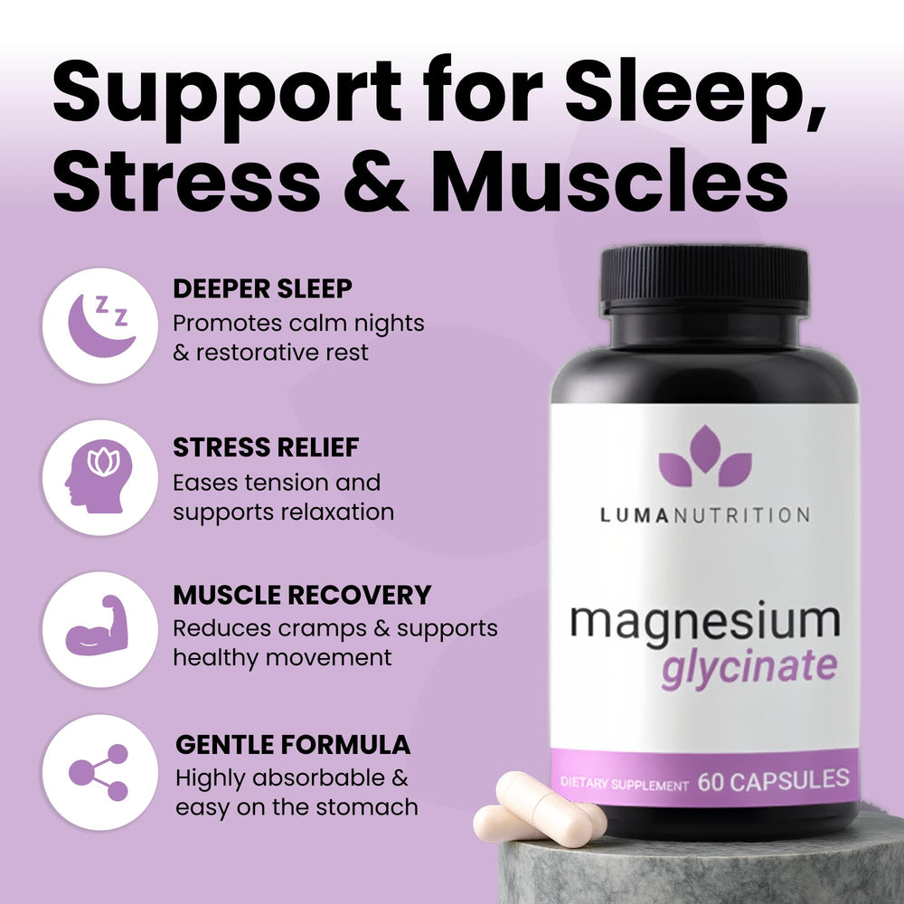 Luma Nutrition Magnesium Glycinate capsule close-up shows dosage and texture.