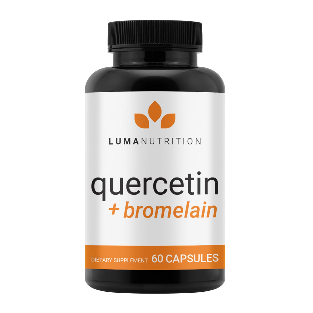 Bottle and capsules of Luma Nutrition Quercetin 500mg with Bromelain