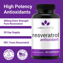 Close-up of high-purity 98% Trans-Resveratrol capsules