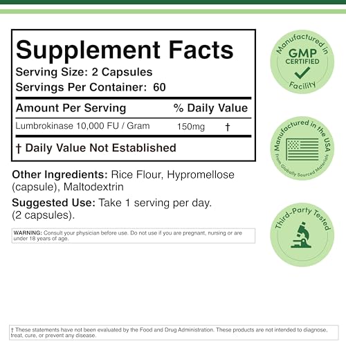Label highlighting 150 mg per serving and 10,000 FU/gram high activity Lumbrokinase