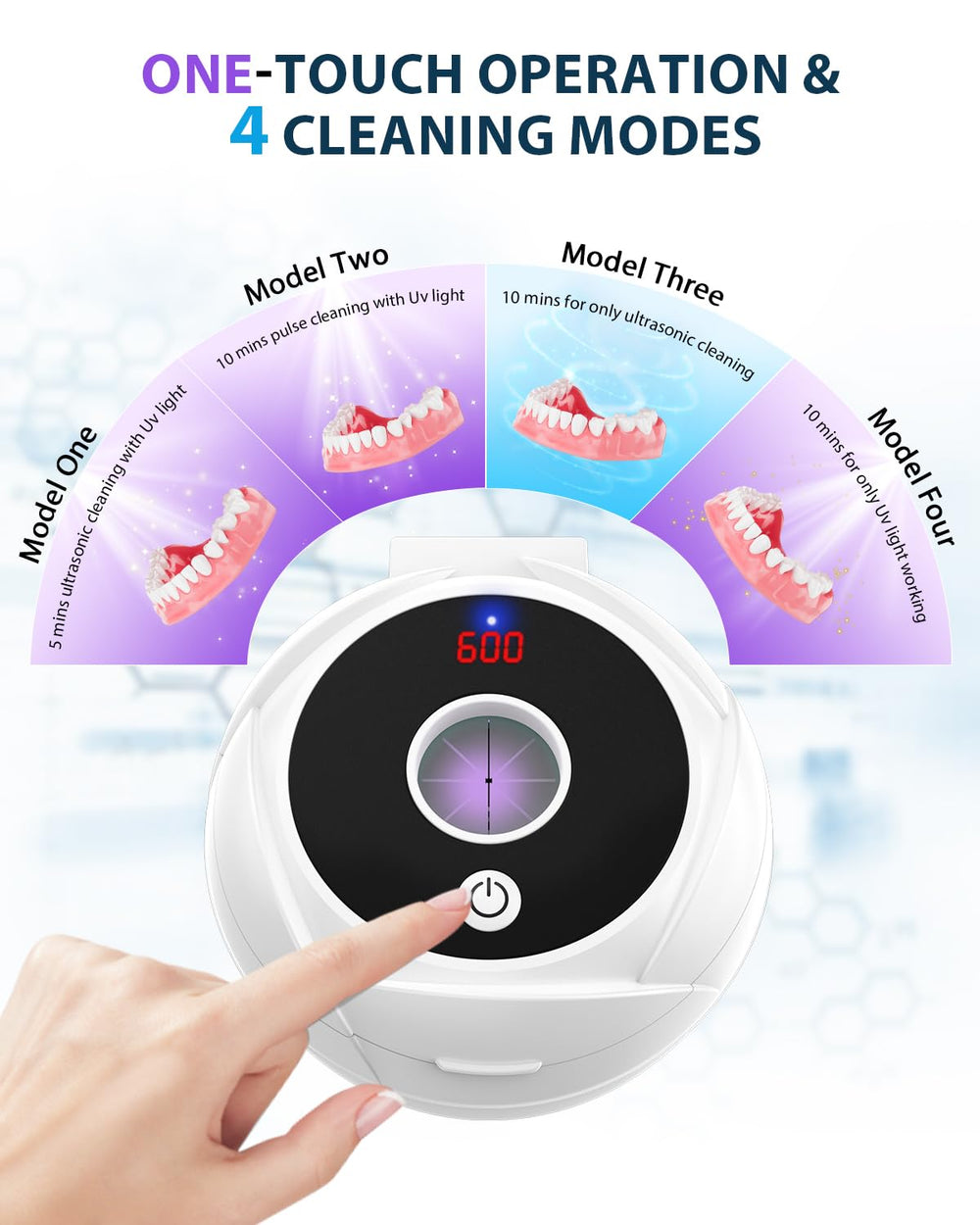 Close-up of 4 cleaning modes and digital timer display