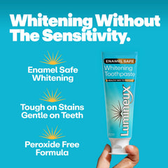 Label showing peroxide-free, fluoride-free, no alcohol, no artificial colors, SLS-free