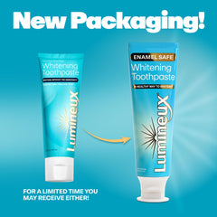 Close-up of Lumineux whitening strips applied on teeth