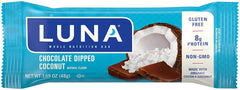 LUNA Bar Chocolate Dipped Coconut bar break-open image highlights convenient, non-GMO nutrition.