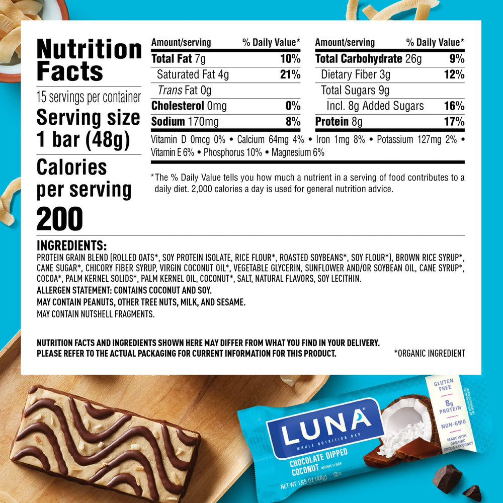 LUNA Bar Chocolate Dipped Coconut pack front emphasizes gluten-free, plant-based snack option.