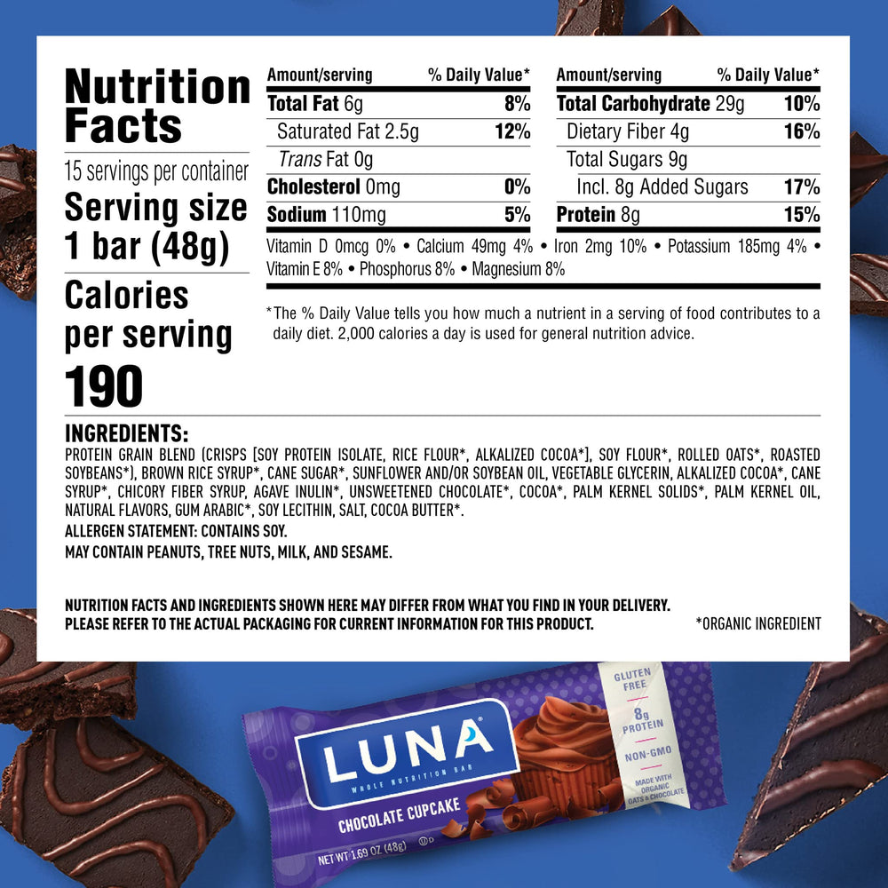 LUNA Bar texture close-up reveals soft chewy bites and chocolate cupcakes flavor