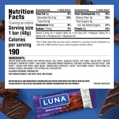 LUNA Bar texture close-up reveals soft chewy bites and chocolate cupcakes flavor