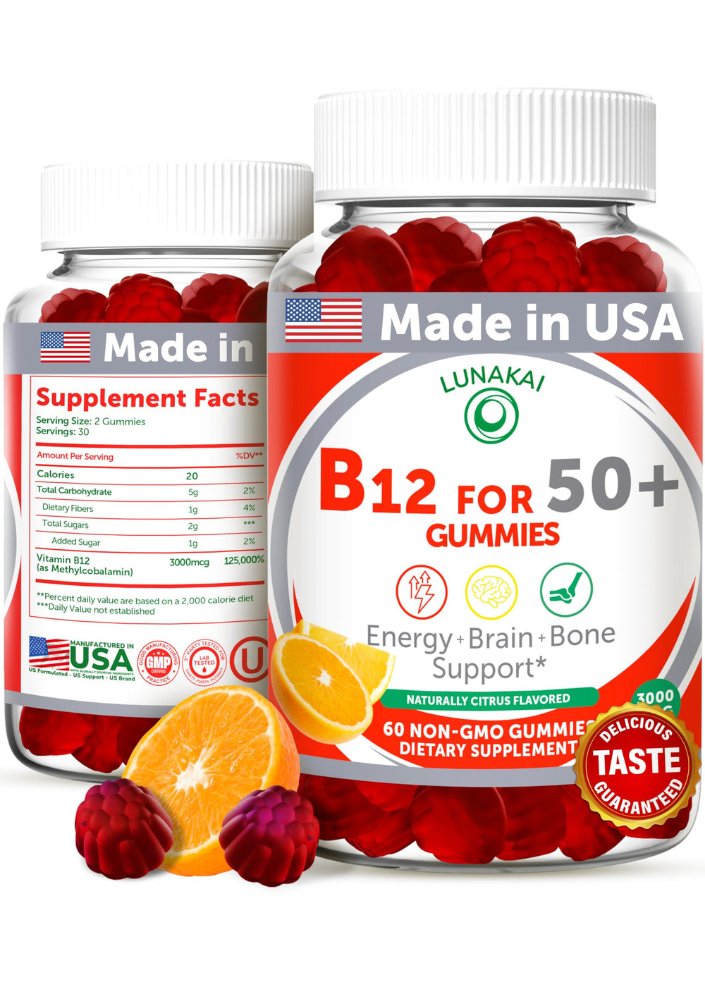 Front view of Lunakai B12 Gummies bottle for adults 50+ – USA made, 60 count