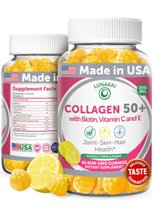 Lunakai Collagen Gummies bottle front - USA Made, lemon flavor