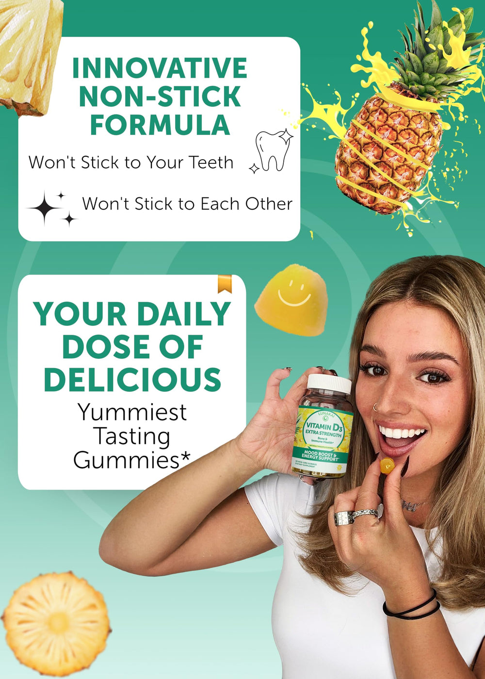 Orange flavored Lunakai gummies next to bottle