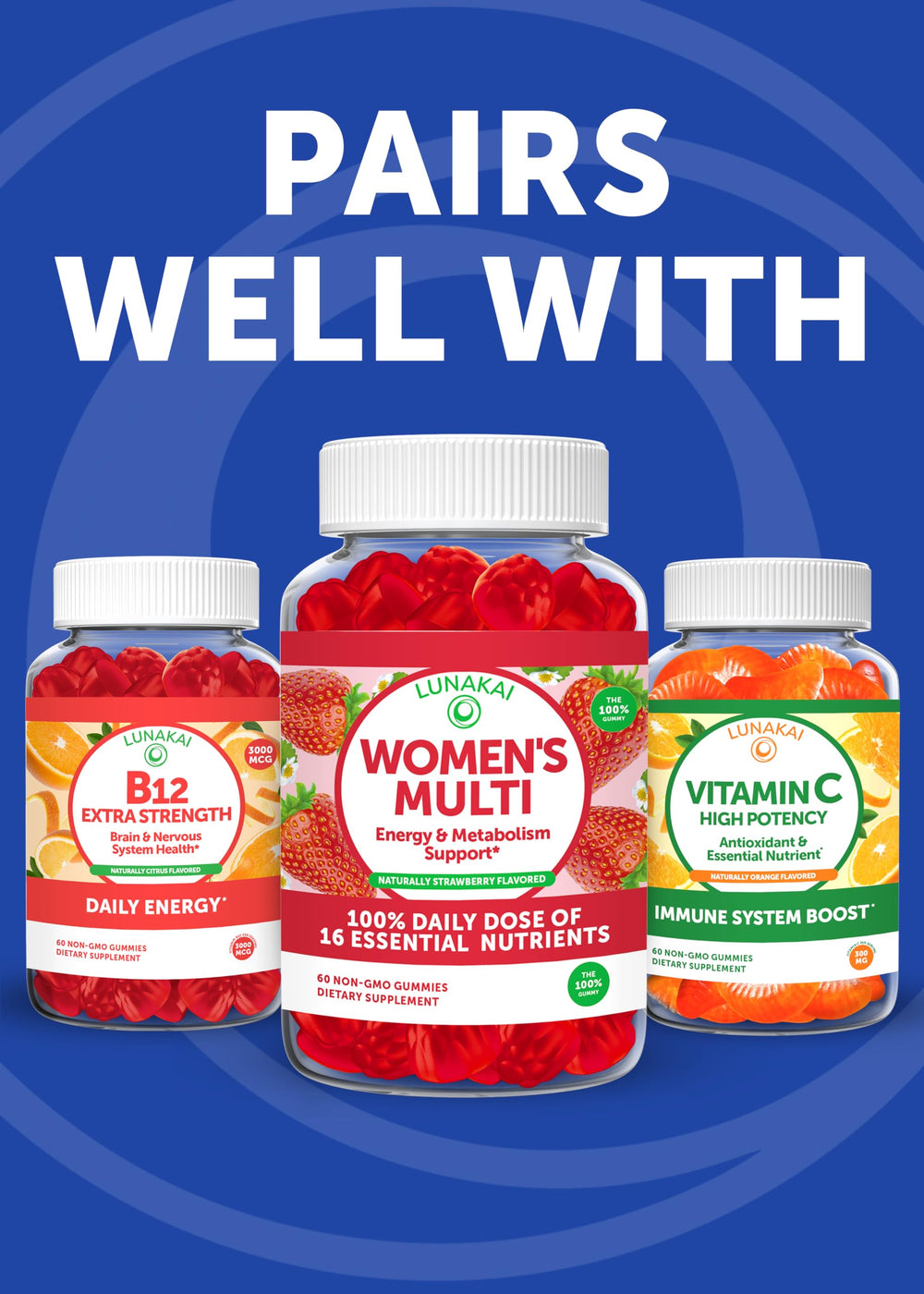 Box and bottle of Lunakai Energy Gummies on white background