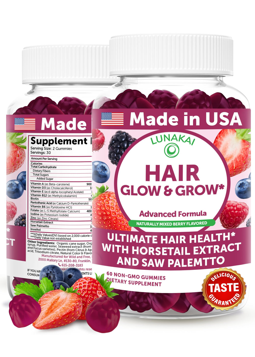 Lunakai hair gummies bottle label featuring Biotin and Zinc