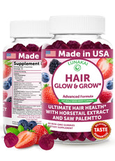 Front view of Lunakai Hair Gummies bottle showing Biotin, Zinc, Horsetail Extract & Saw Palmetto (60 count)
