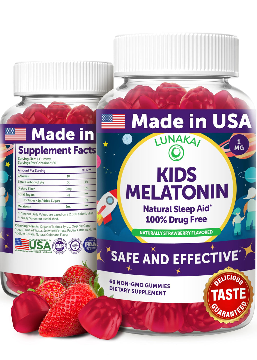 Front view of Lunakai Kids Melatonin Gummies 1mg 60-count package