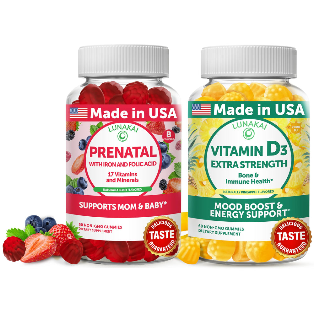 Lunakai Prenatal Vitamin D3 Gummies bundle hero image with bottle and gummies