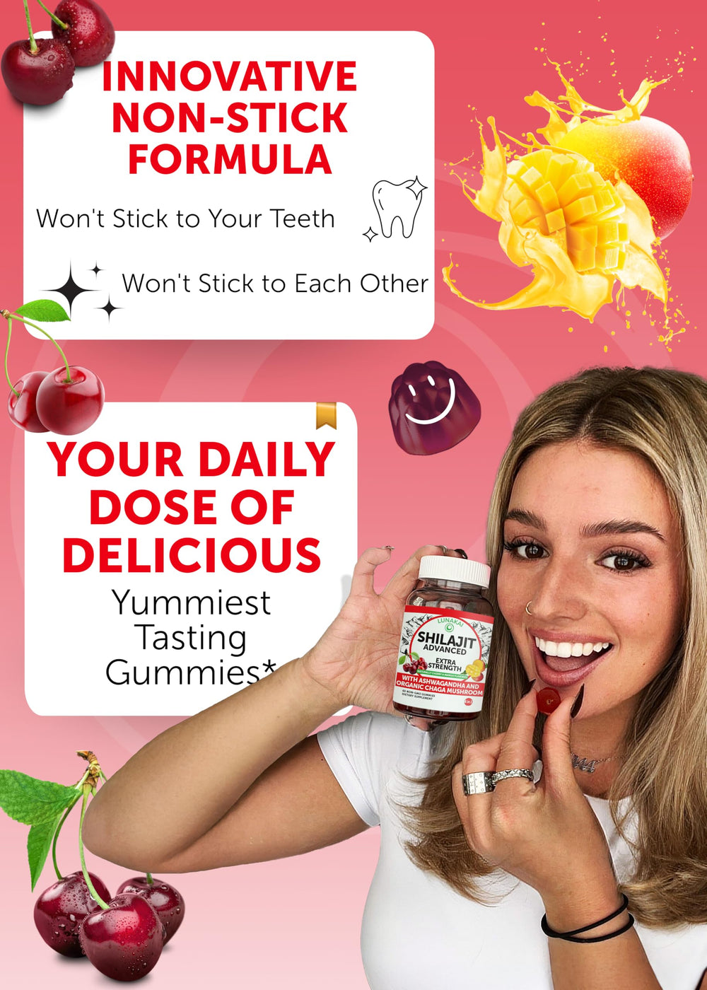 Close-up of gummies showing cherry and mango flavors