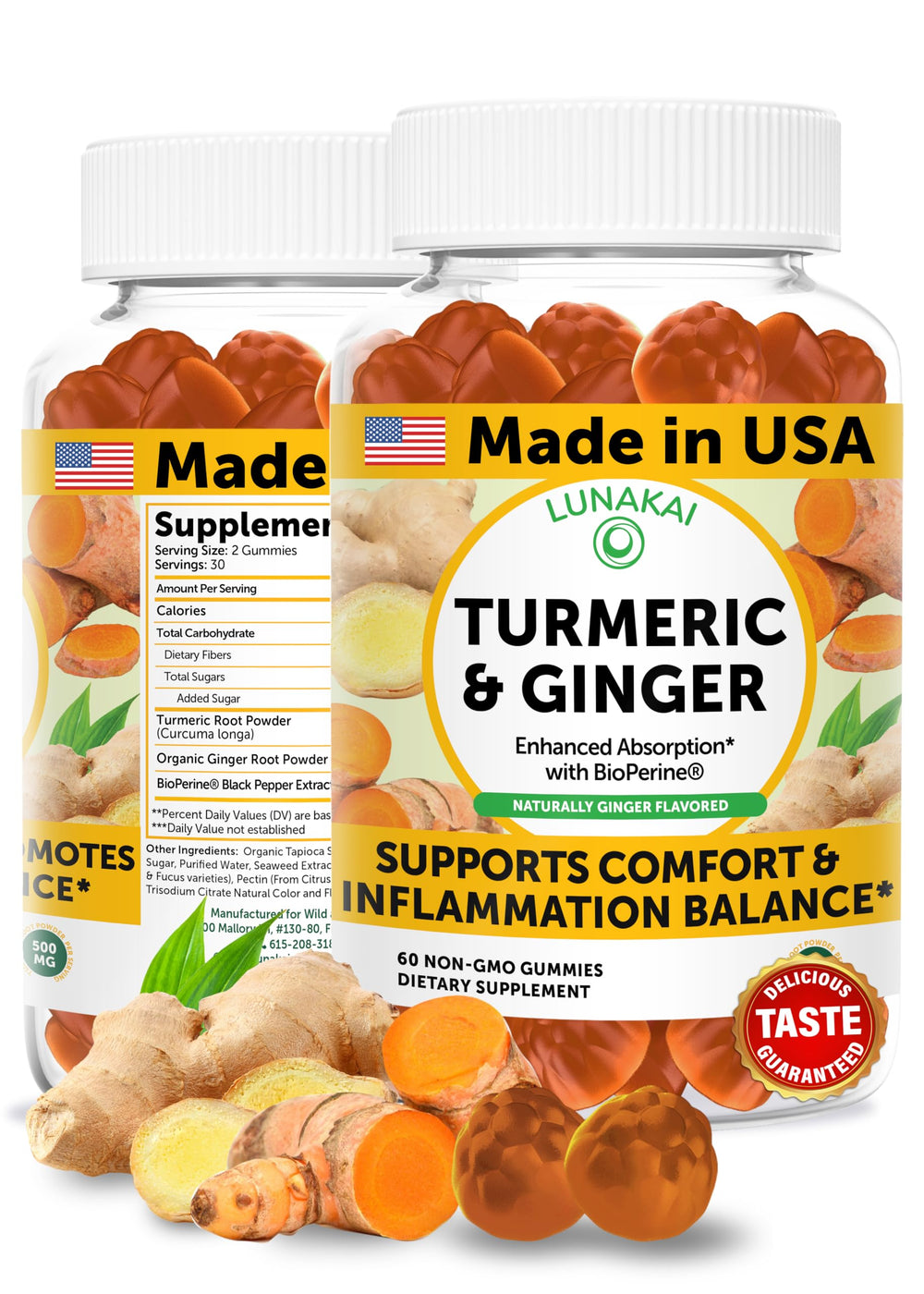 Lunakai USA Made Turmeric Gummies with Ginger & BioPerine – 60 count bottle