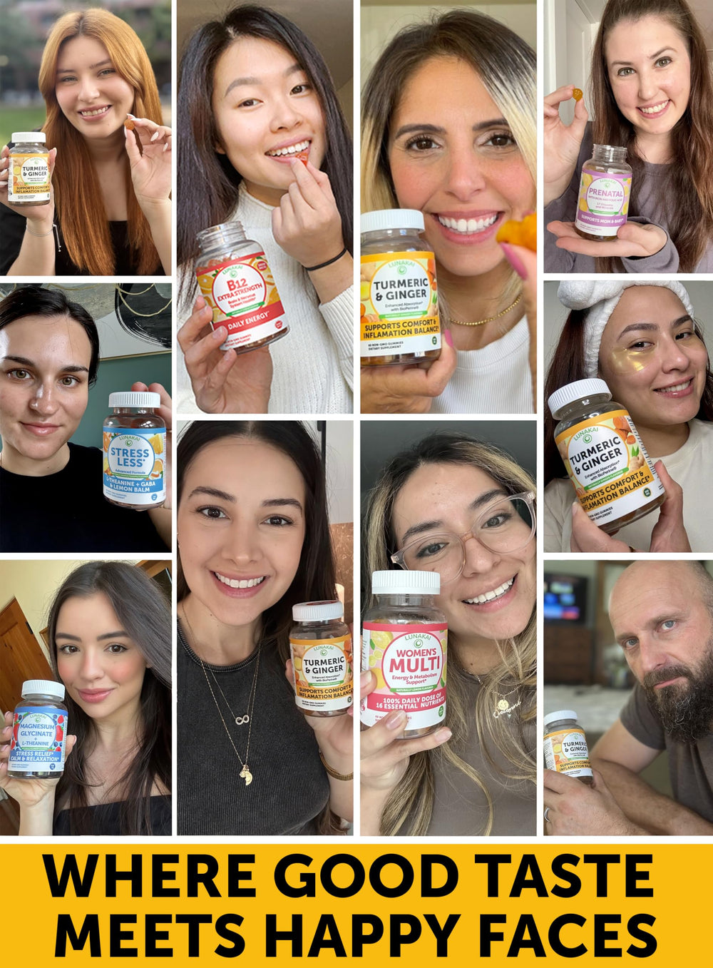 Gummies on white background with turmeric and ginger ingredients