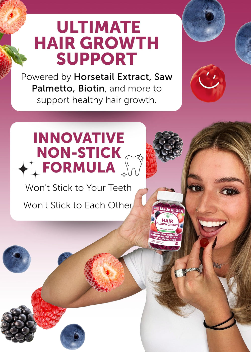 Pack shot of Lunakai USA Made Hair Gummies 60 count