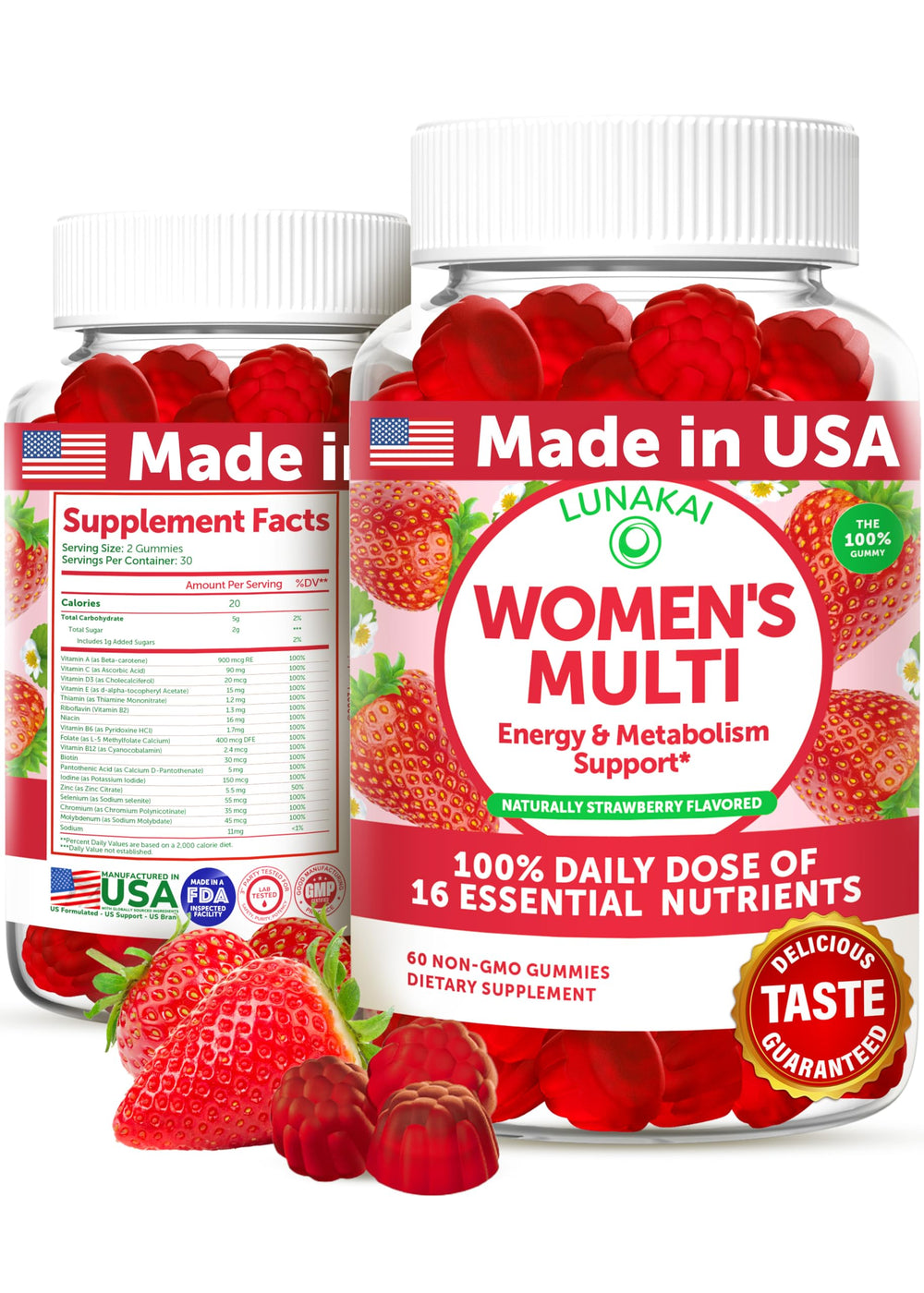 Front view of Lunakai USA Made Women's Multivitamin Gummies, 60 count