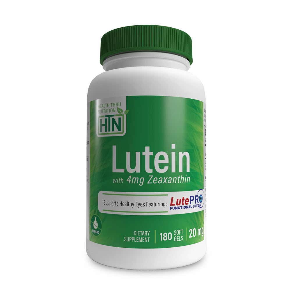 Lutein 20mg and Zeaxanthin 4mg softgels bottle showing 180-count