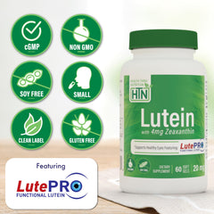 Nutrition facts panel showing Lutein 20mg and Zeaxanthin 4,000mcg